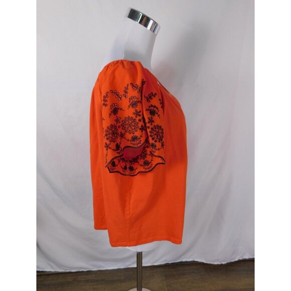 H&M Blouse Womens Large Orange Black Embroidered Boho Peasant Top Off Shoulder - Picture 6 of 9